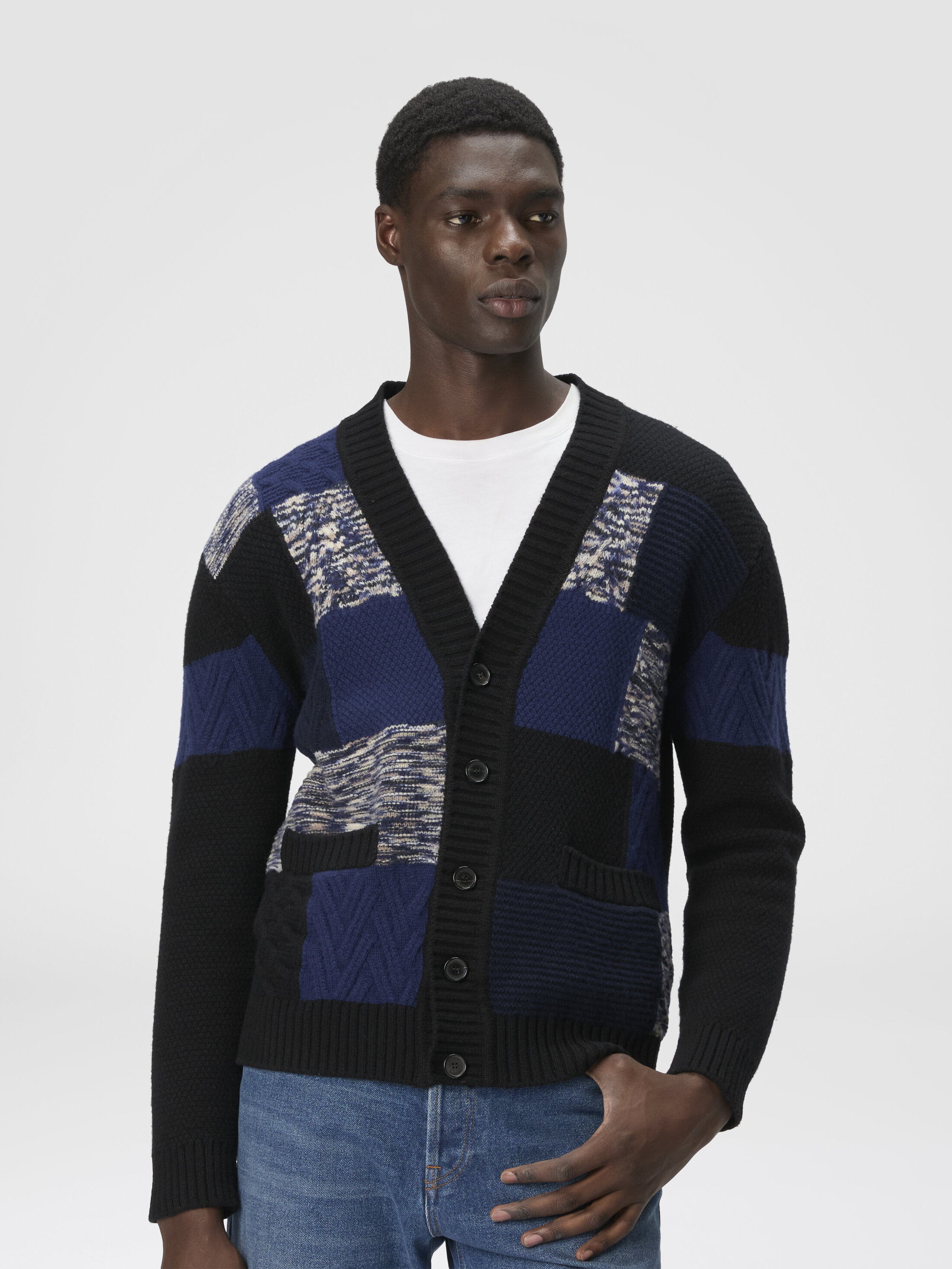 The cardigan in pure wool with flame and zigzag inserts Navy Blue