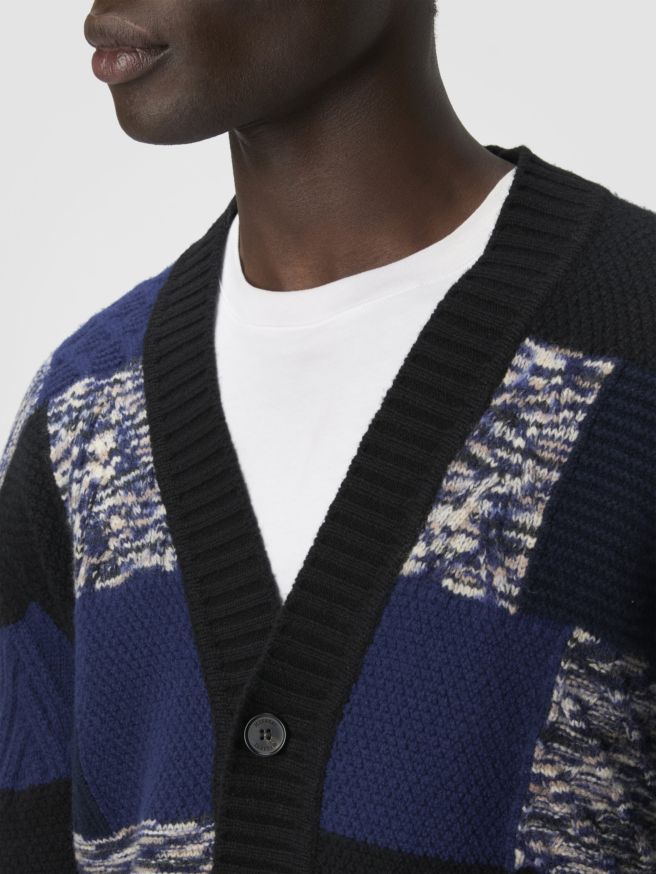 The cardigan in pure wool with flame and zigzag inserts Navy Blue