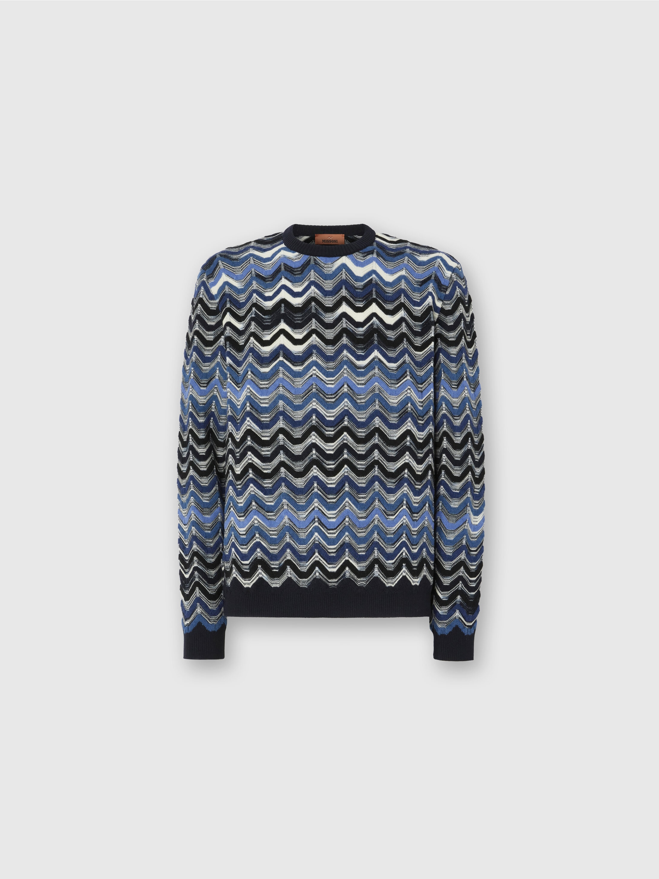 Missoni Crew Neck Sweater With Geometric Zigzag Pattern In Blue