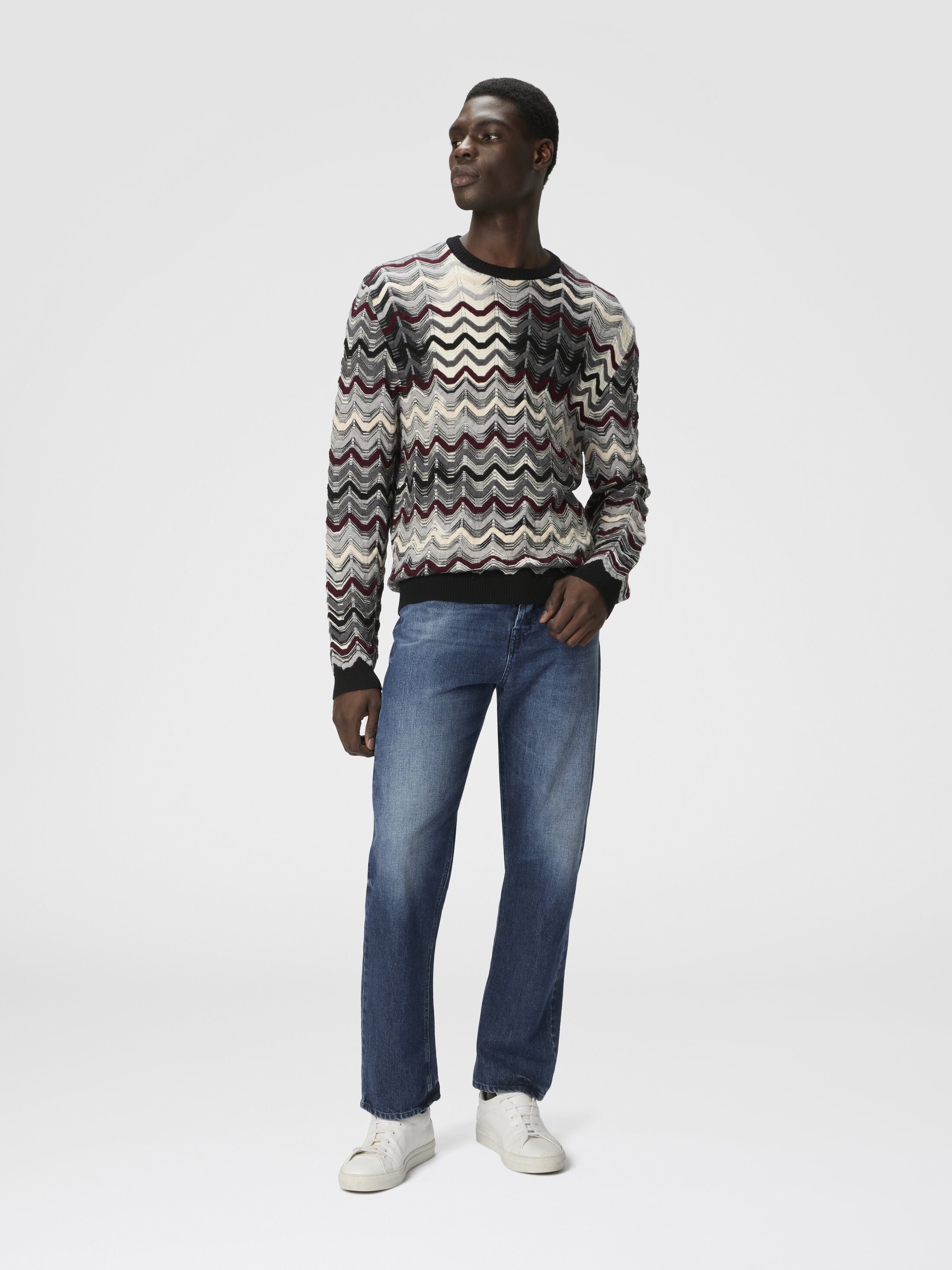 Crew neck sweater with geometric zigzag pattern Blue | Missoni