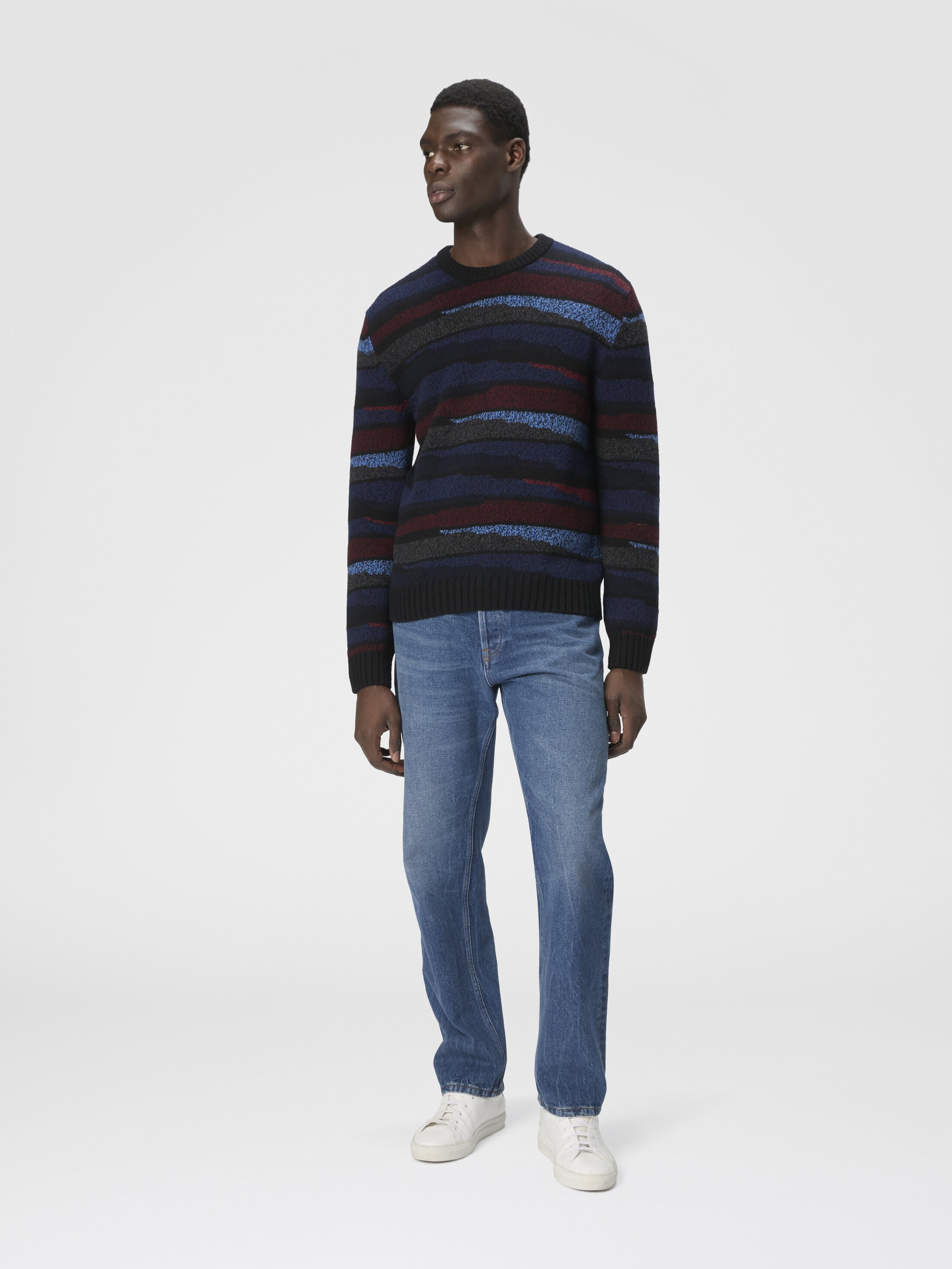 Crew neck sweater with striped inlay Navy Blue & Burgundy | Missoni