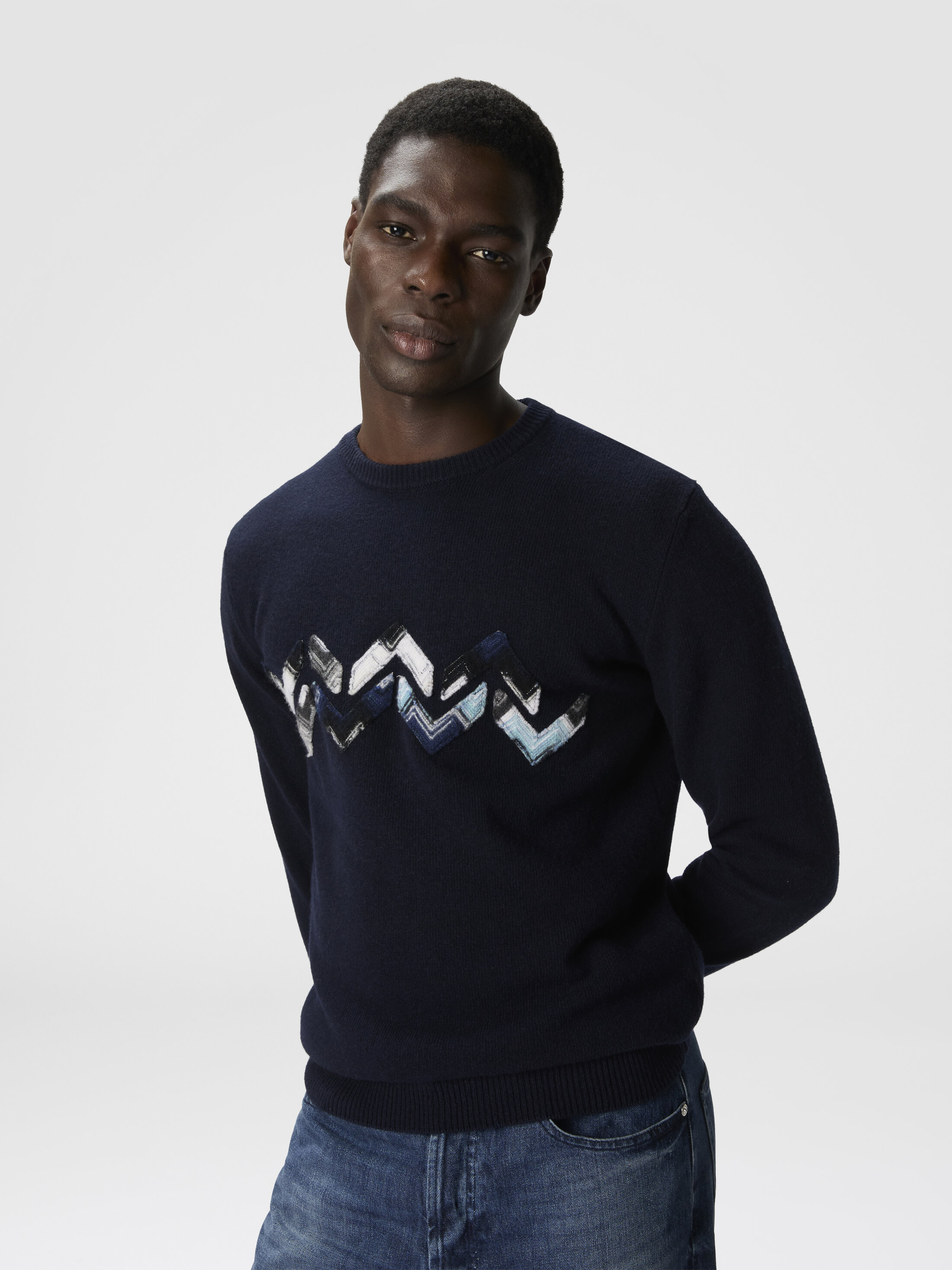 Crew Neck Sweater with Zigzag Detail Blue | Missoni