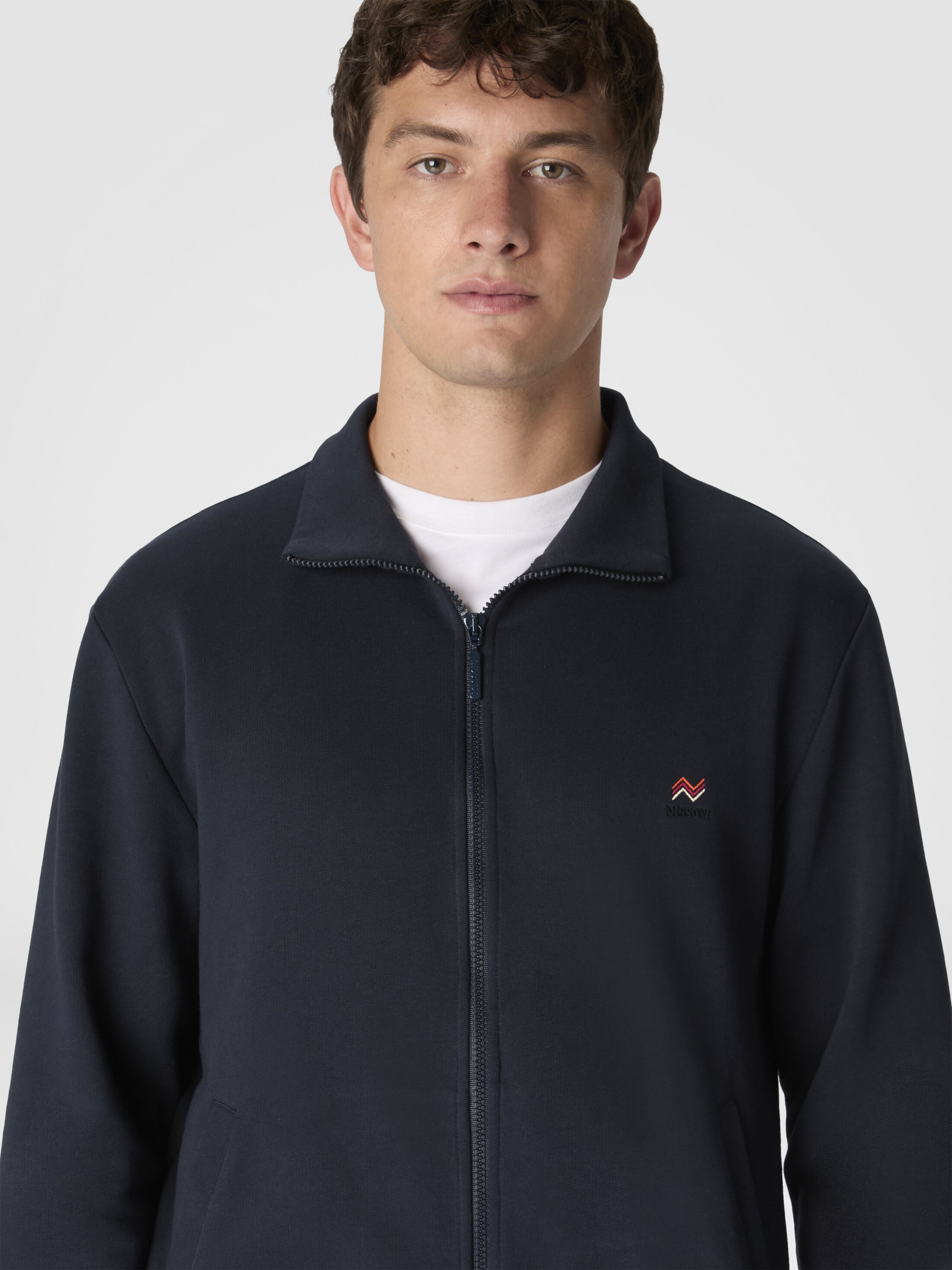 Zip-up high-neck sweatshirt with knit embroidery and logo Blue