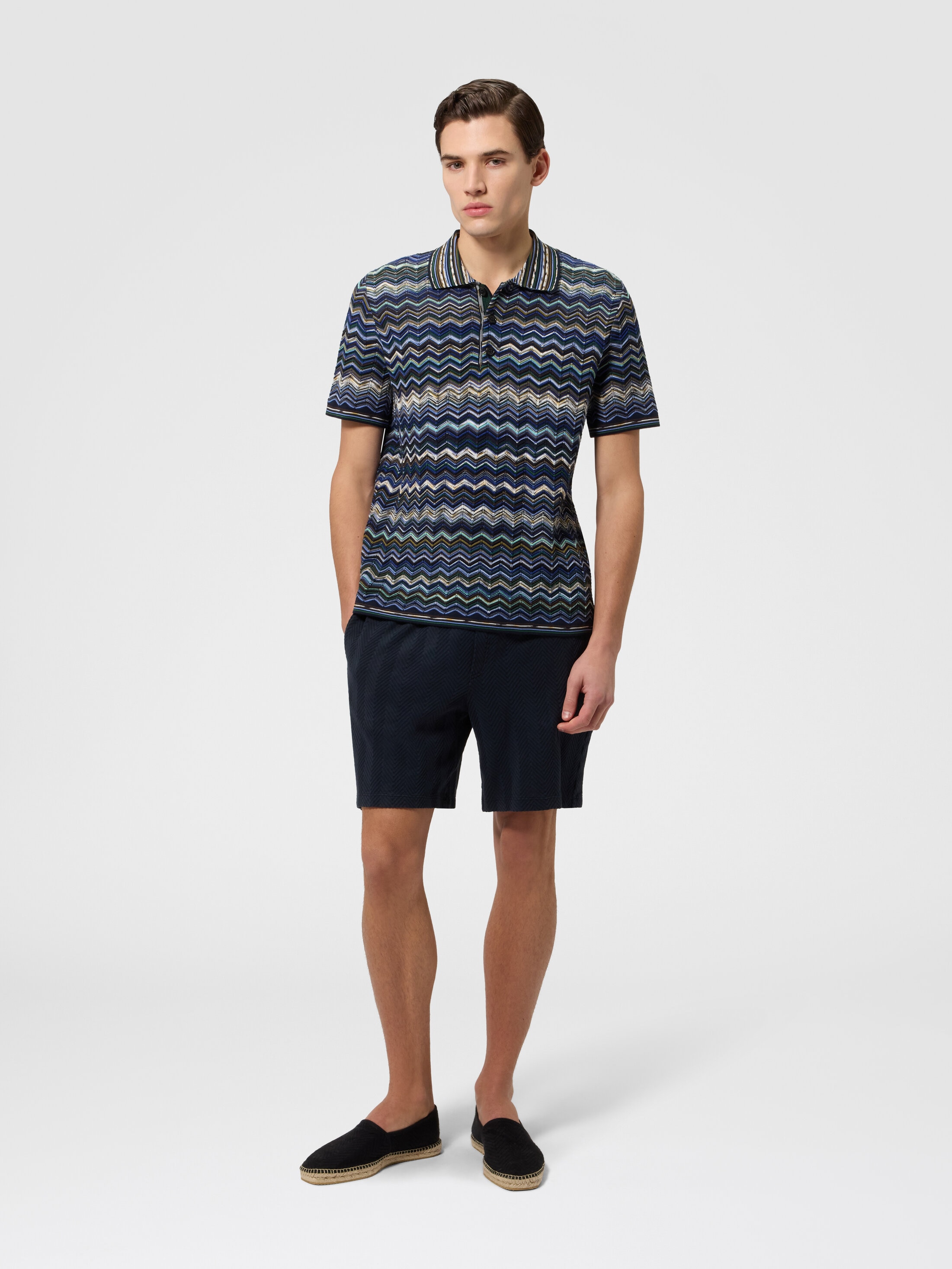 Cotton knit polo shirt with chevron pattern Blue | Missoni