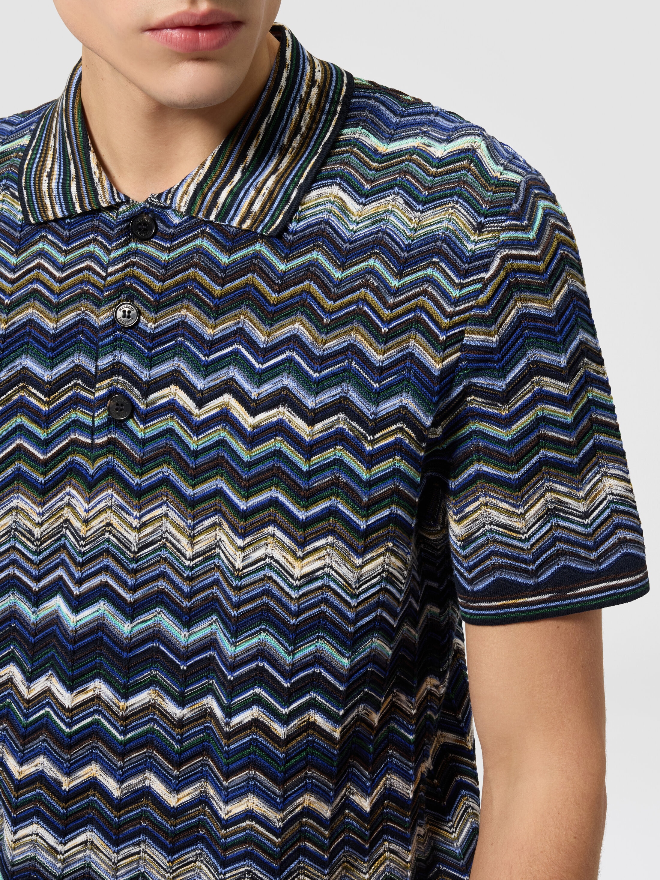Cotton knit polo shirt with chevron pattern Light Blue | Missoni