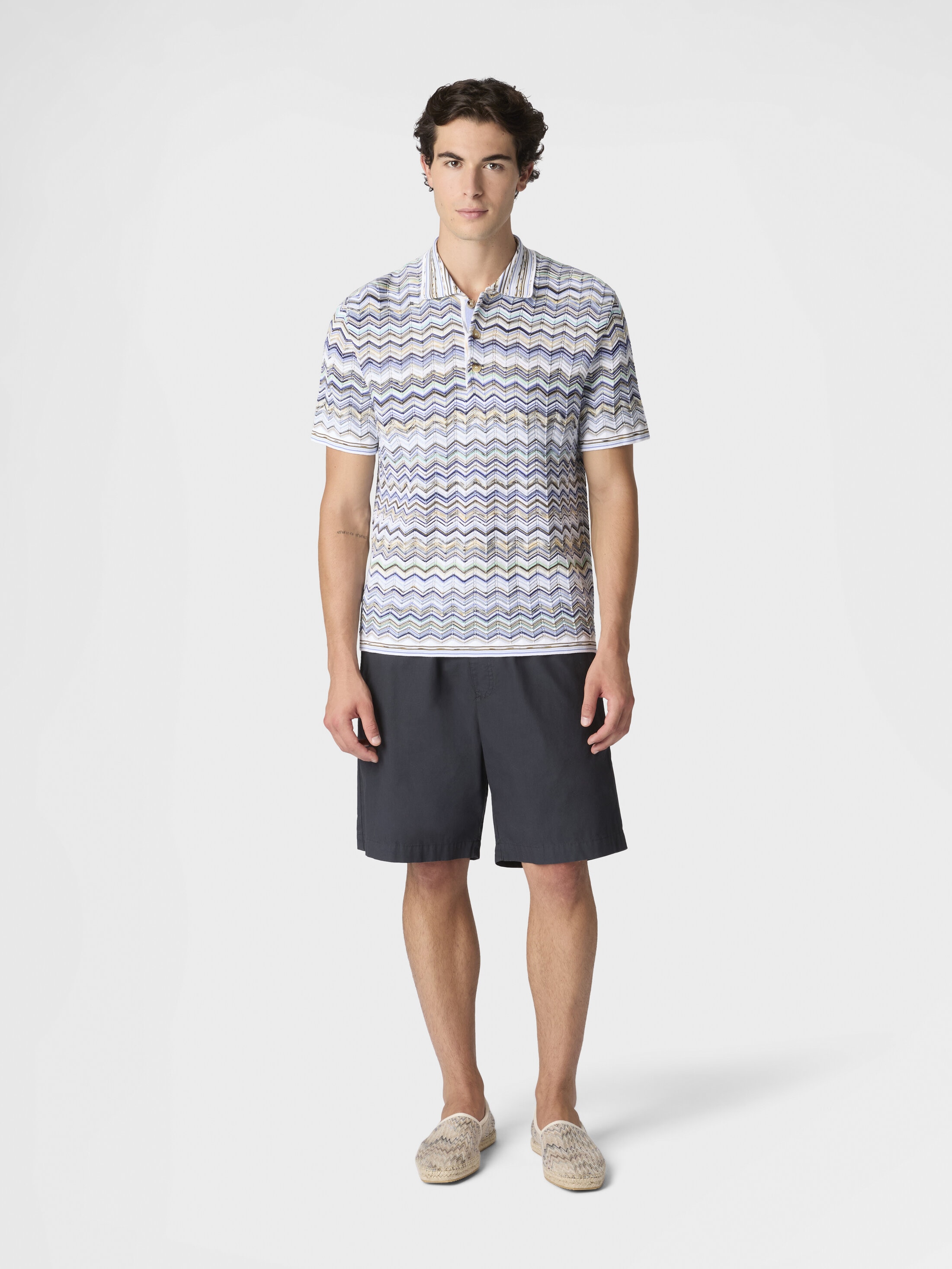 Cotton knit polo shirt with chevron pattern Light Blue | Missoni