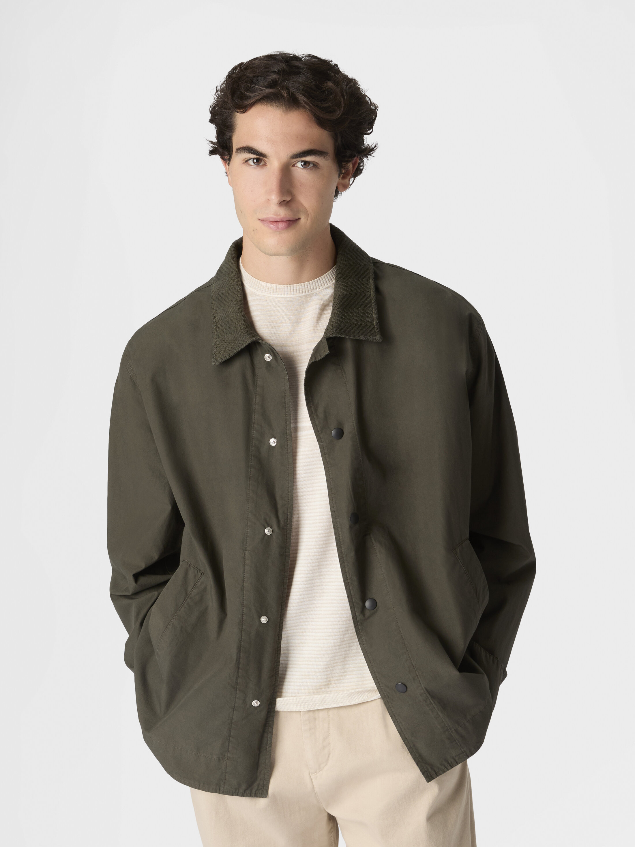 Cotton canvas overshirt with zigzag collar detail Beige& White