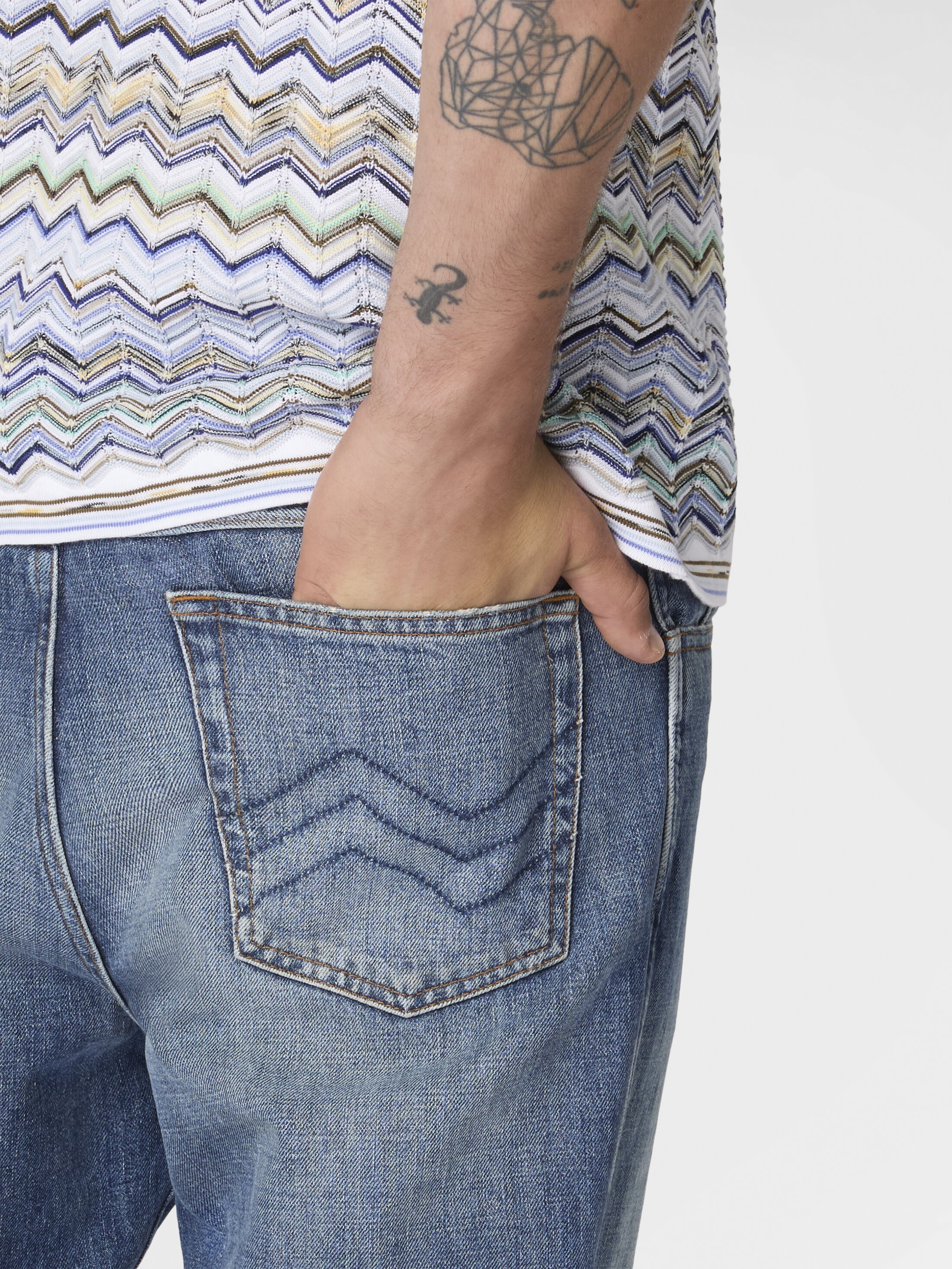Five-pocket cotton denim trousers with zigzag embroidery Beige&