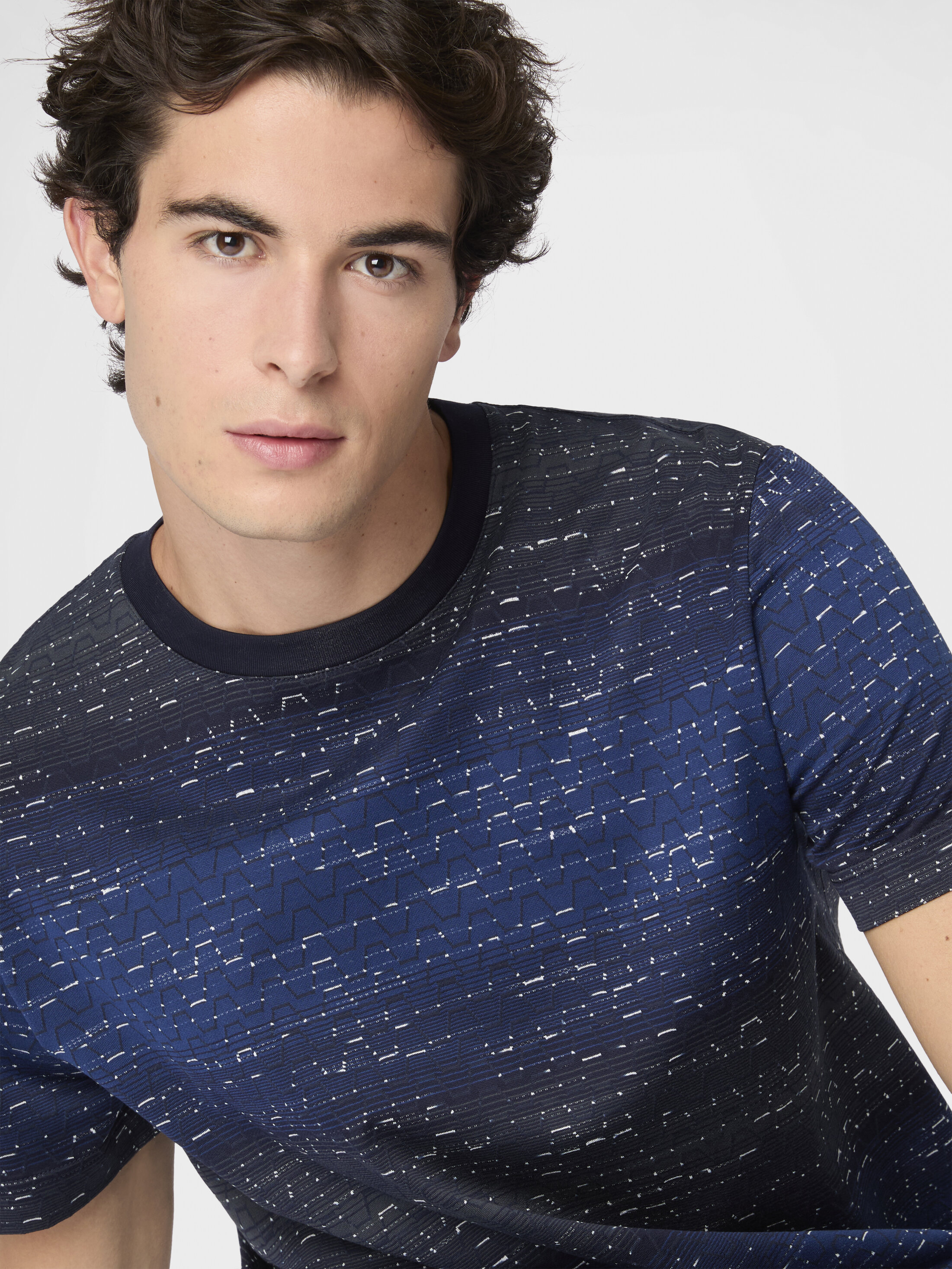 Crew-neck cotton T-shirt with jacquard Greek motif Beige& White