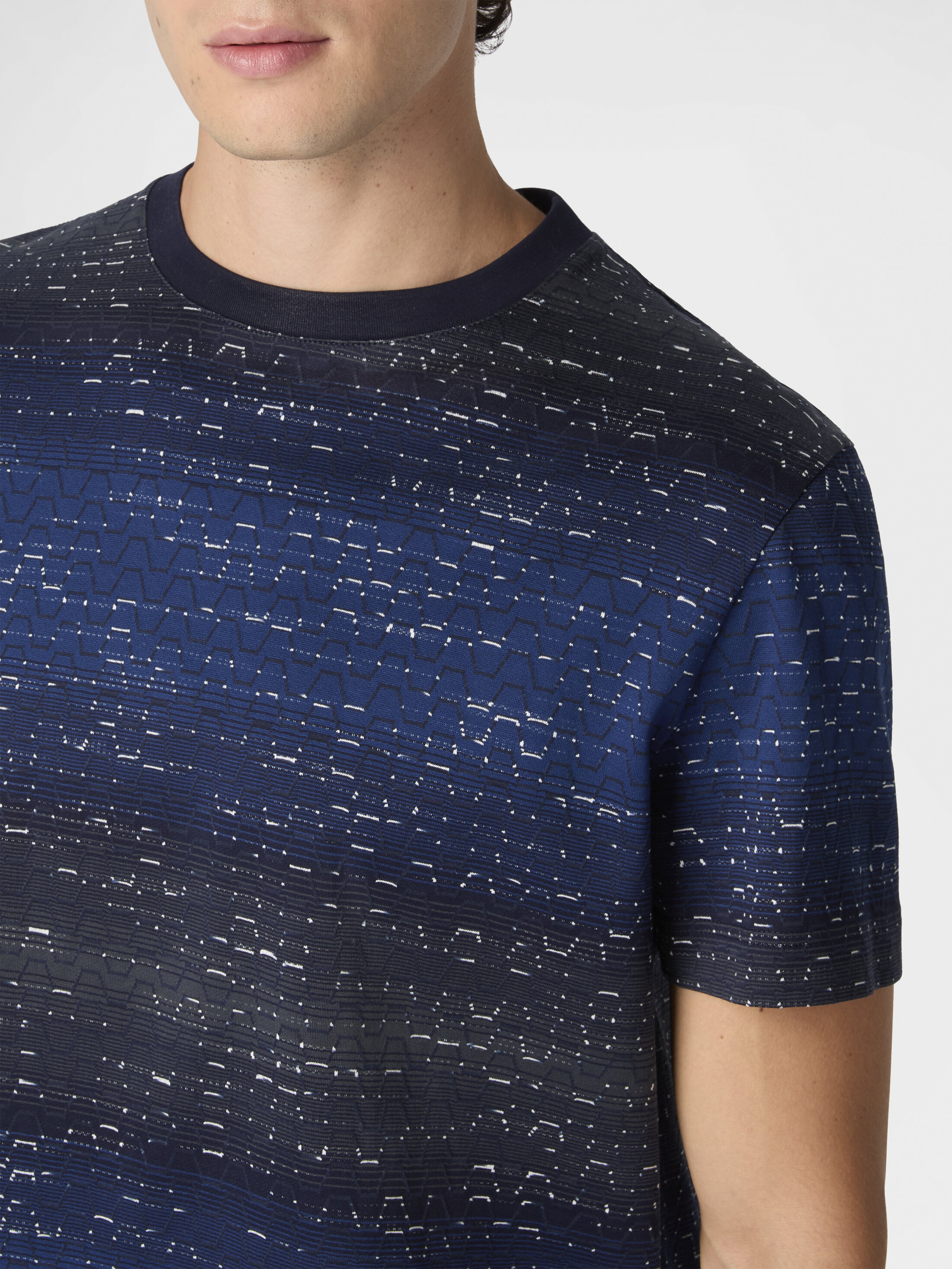 Crew-neck cotton T-shirt with jacquard Greek motif Beige& White