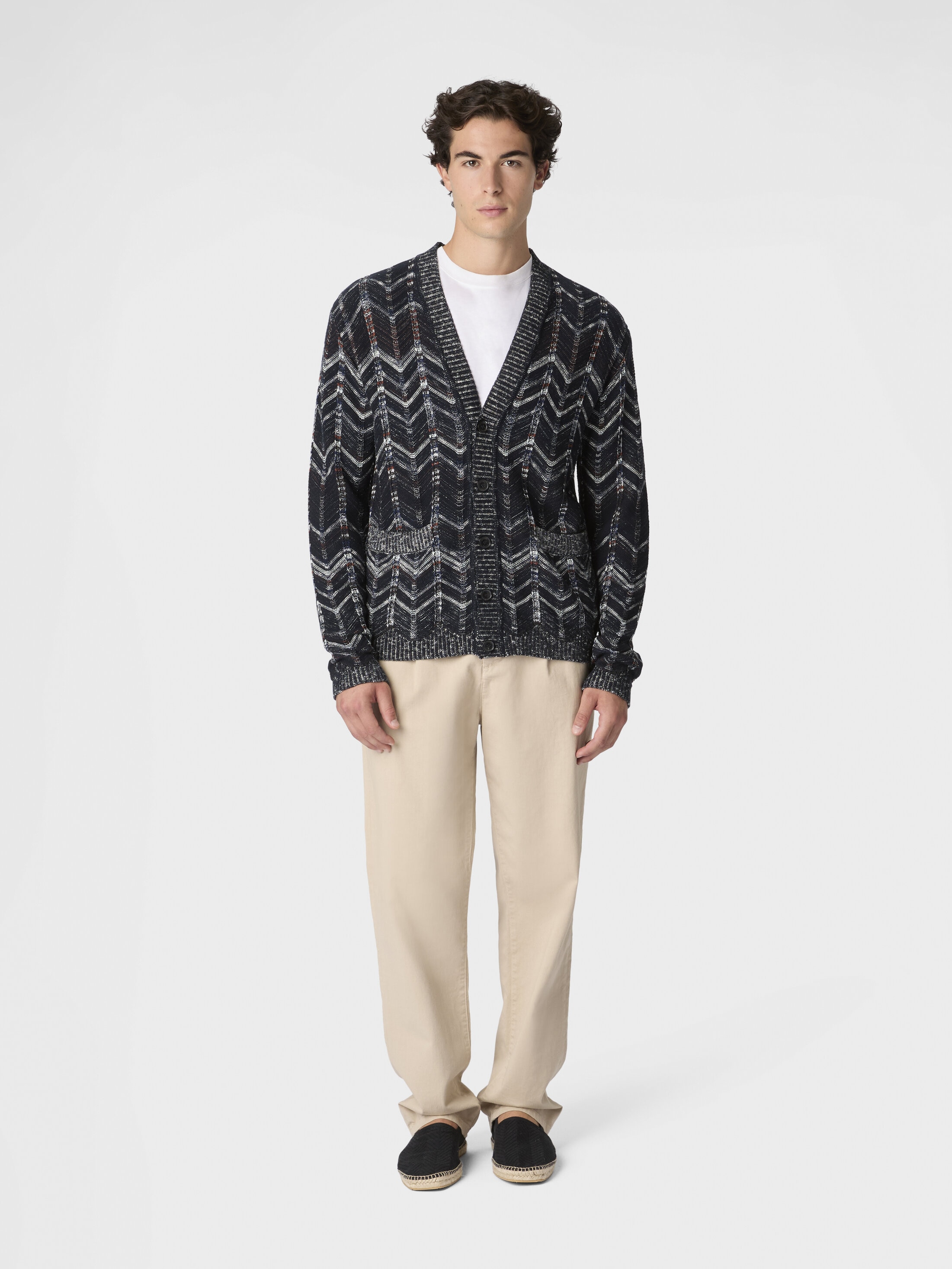 リブ仕上げのコットンシェブロンカーディガン ブルー | Missoni