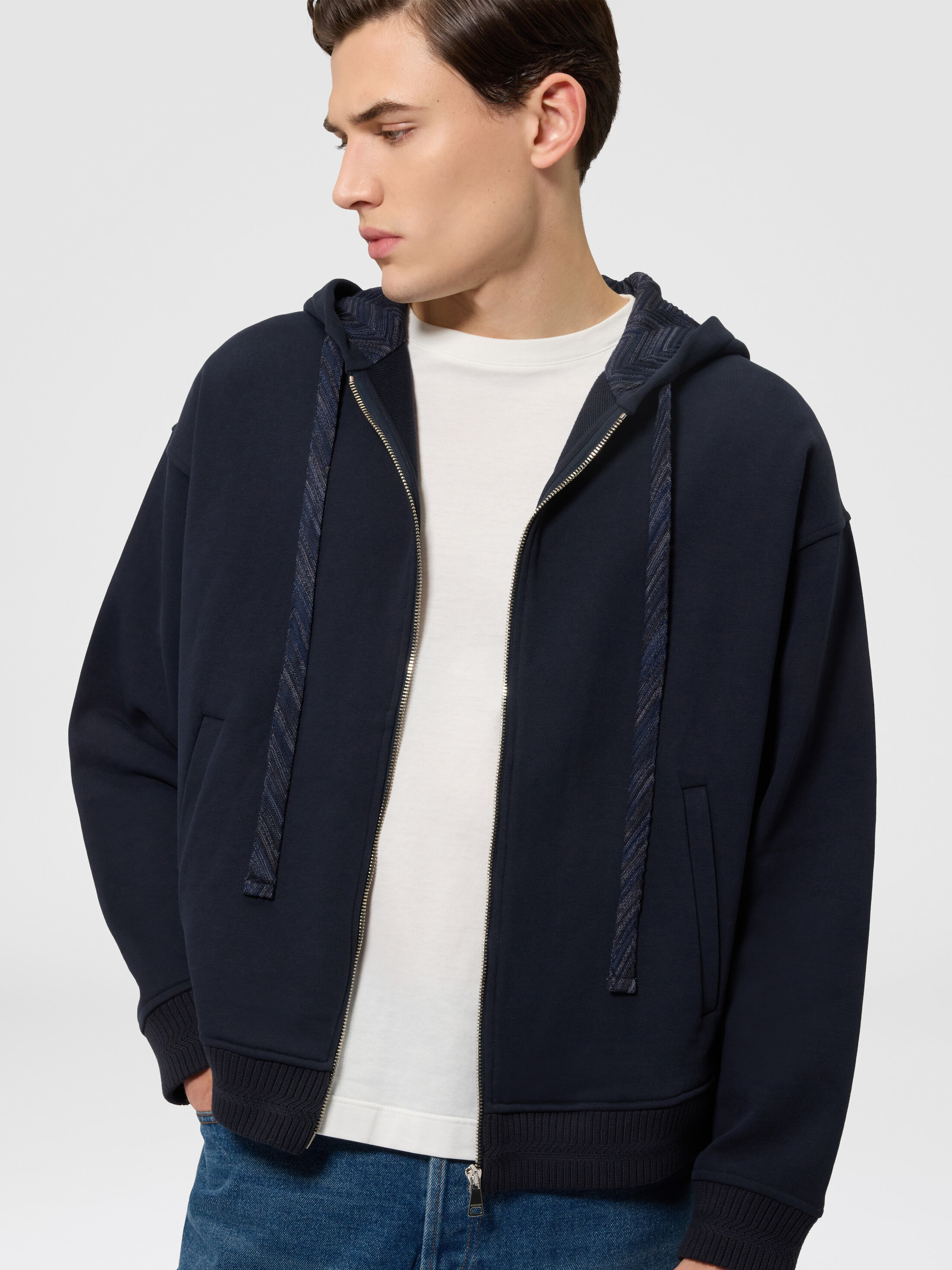 Cotton zip-up hoodie with insert Blue | Missoni