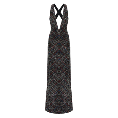 Long dress with v-neck and check pattern