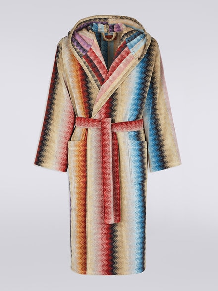 Byron hooded cotton chevron bathrobe, Multicoloured  - 1B3AC99707149