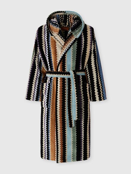 Long Curt chevron cotton terry hooded bathrobe, Beige & Multicoloured  - 1C3AC99736148