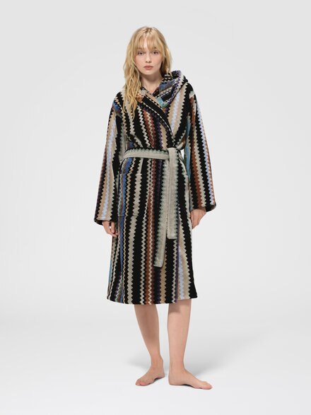 Long Curt chevron cotton terry hooded bathrobe, Beige & Multicoloured  - 1C3AC99736148
