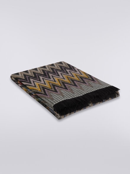 Chen 140x200 cm wool blend zigzag plaid blanket with sequins, Black    - 1C3PL99003160