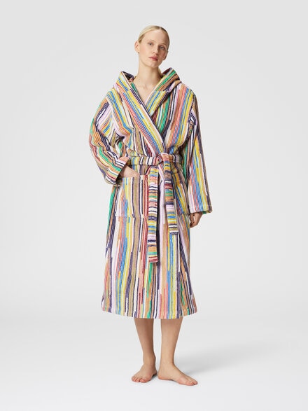 Melody bathrobe in cotton terry with vertical stripes, Black    - 1D3AC99703160