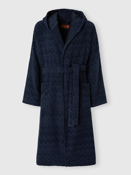 Chalk bathrobe in cotton terry with zigzag pattern, Blue - 1D3AC9971850