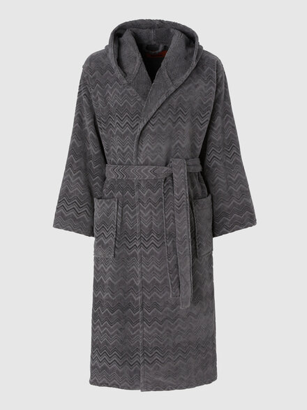Chalk bathrobe in cotton terry with zigzag pattern, Grey - 1D3AC9971886