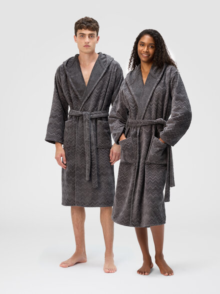 Chalk bathrobe in cotton terry with zigzag pattern, Grey - 1D3AC9971886