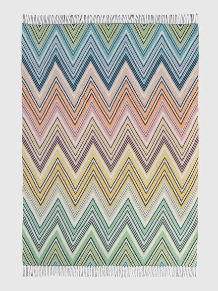 Plume plaid blanket 130x190 cm chevron wool blend with fringes, Green - 1D3PL99006165