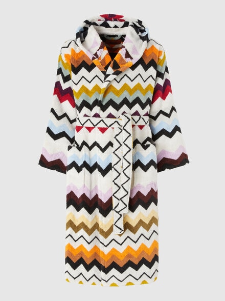 Murrina Hooded Bathrobe in cotton terry with zig zag pattern, Multicoloured  - 1E3AC99101100