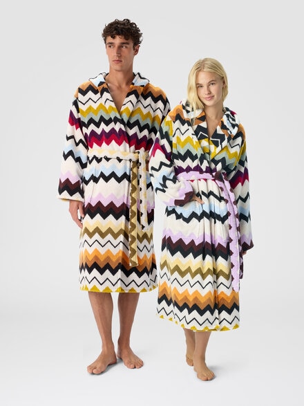 Murrina Hooded Bathrobe in cotton terry with zig zag pattern, Multicoloured  - 1E3AC99101100