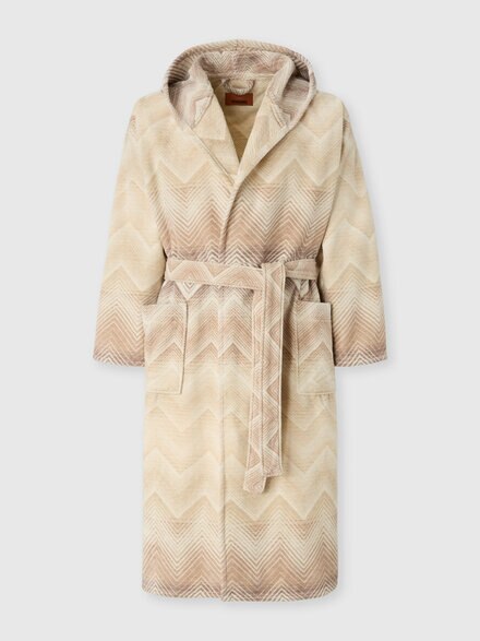 Marea Hooded Bathrobe in cotton terry with chevron pattern, Beige - 1E3AC99105211
