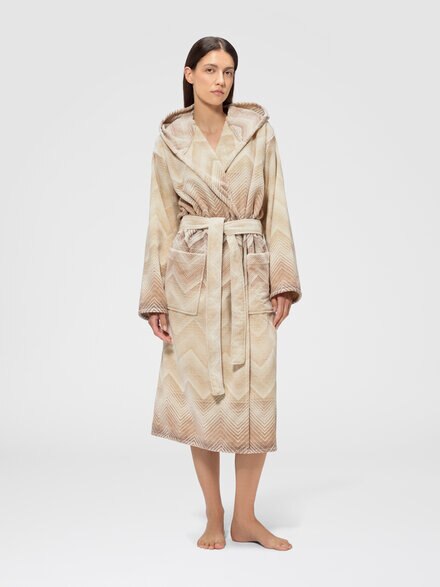 Marea Hooded Bathrobe in cotton terry with chevron pattern, Beige - 1E3AC99105211
