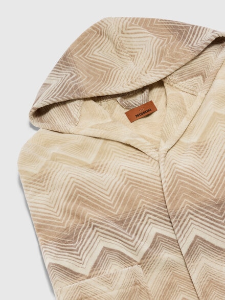 Marea Hooded Bathrobe in cotton terry with chevron pattern, Beige - 1E3AC99105211