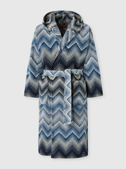 Marea Hooded Bathrobe in cotton terry with chevron pattern, Blue& White  - 1E3AC99105501