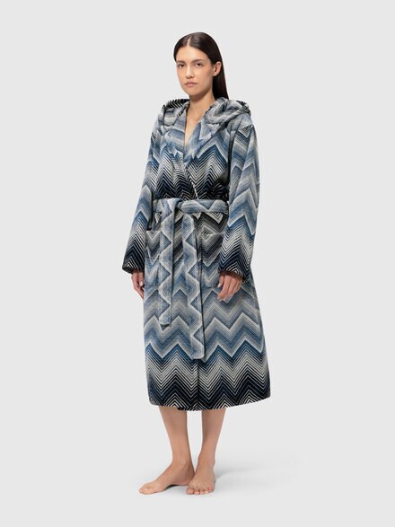 Marea Hooded Bathrobe in cotton terry with chevron pattern, Blue& White  - 1E3AC99105501