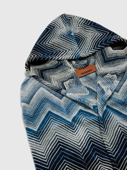 Marea Hooded Bathrobe in cotton terry with chevron pattern, Blue& White  - 1E3AC99105501