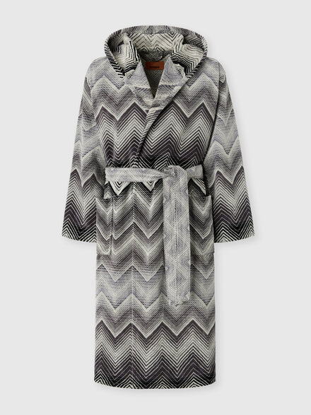 Marea Hooded Bathrobe in cotton terry with chevron pattern, Black & White - 1E3AC99105601