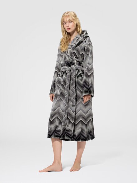 Marea Hooded Bathrobe in cotton terry with chevron pattern, Black & White - 1E3AC99105601
