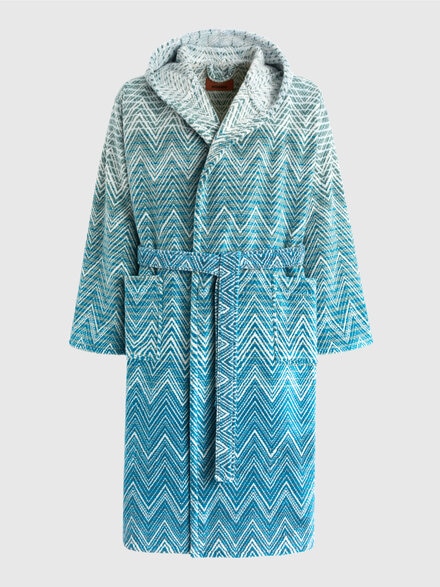 Stone Hooded Bathrobe in cotton terry with zebra pattern, Blue & Multicoloured  - 1E3AC99117174