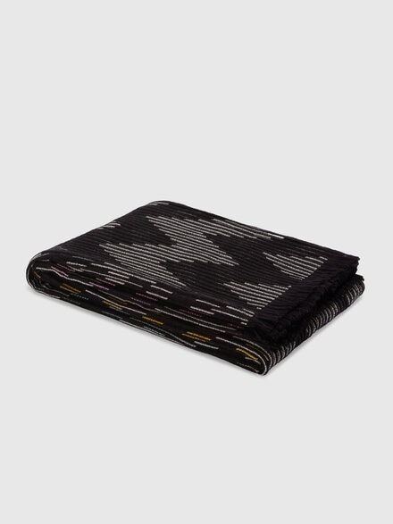 Dinamico Plaid in wool blend 135x190 cm with fringes and chevron pattern, Black Multicoloured  - 1E3PL99100160