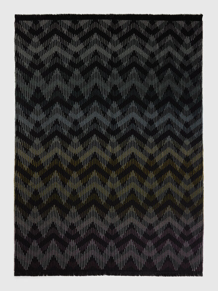 Dinamico Plaid in wool blend 135x190 cm with fringes and chevron pattern, Black Multicoloured  - 1E3PL99100160