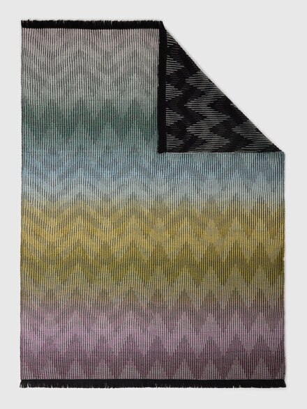 Dinamico Plaid in wool blend 135x190 cm with fringes and chevron pattern, Black Multicoloured  - 1E3PL99100160