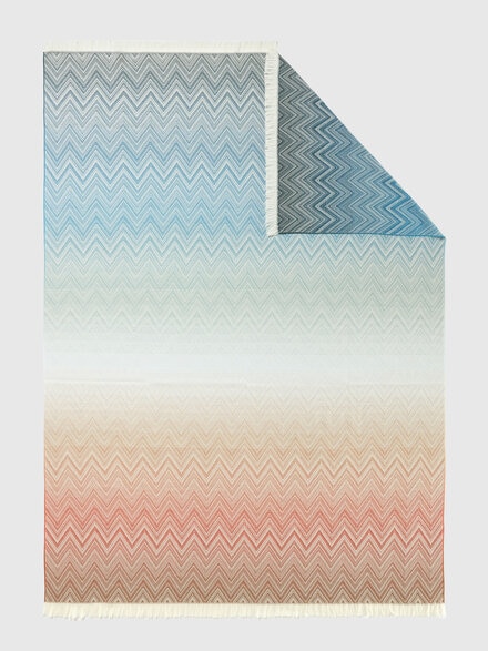 Ciro Plaid in 100% wool 130x190 cm with fringes and chevron pattern, Blue & Multicoloured  - 1E3PL99103150