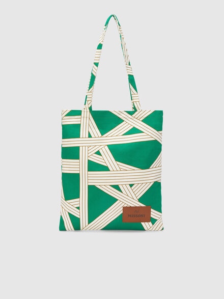 Borsa da casa Nastri 35x39 cm in 100% cotone con motivo nastri, Bianco & Verde - 1E4OG00001651