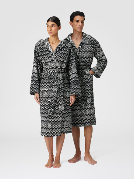 Keith chevron cotton terry bathrobe, Black & White - 1K3AC99730601