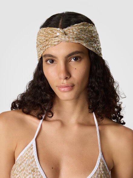 Cinta para el cabello de viscosa lamé con motivo de encaje y lentejuelas, Dorado& Blanco  - AC25WS01BR014YS10BZ