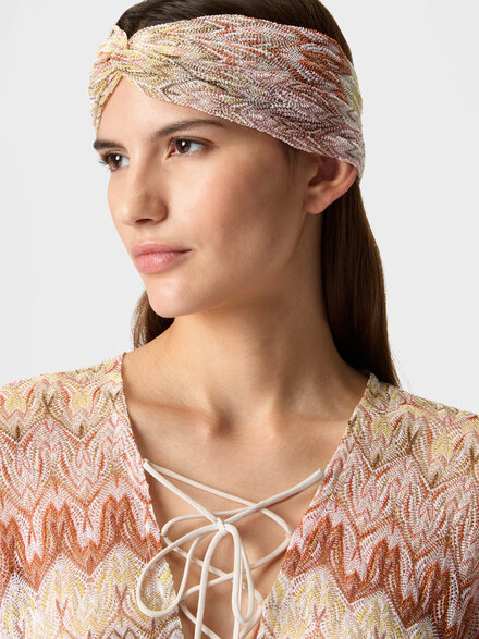 Hair band in viscose lam&eacute; with lace motif, Pink & Gold - AC25WS01BR015FS2099