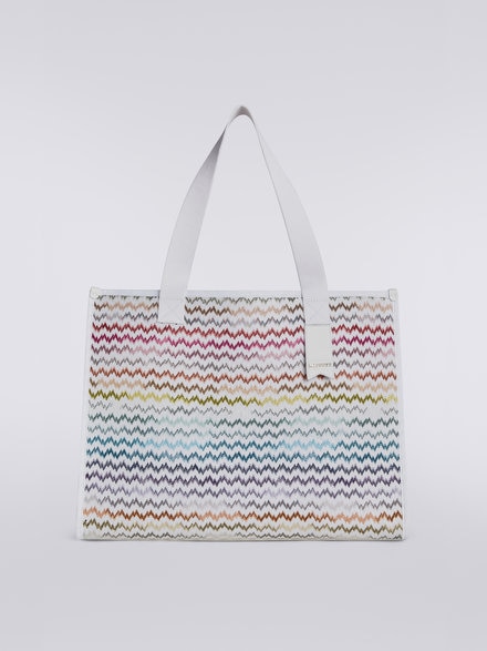 Shopper Bag aus mehrfarbigem Strick mit Spitzeneffekt und Logo-Detail, Mehrfarbig  - AS23SX0OBR00NJSM8ON