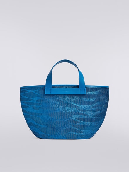 Shopper Bag aus Viskosestrick mit Jacquardmuster und Ledergriffen, Blau - AS23WX09BT006OS72CY