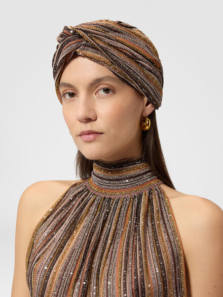 Gerippter Turban aus Lam&eacute;-Viskose mit Pailletten, Gold& Beige - AS26SS03BK01CLS80ES