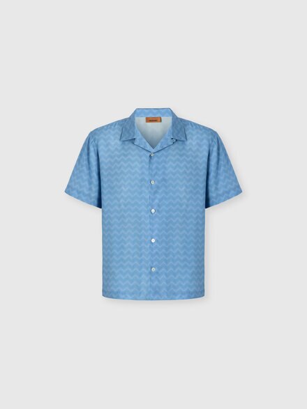 Bowling shirt in viscose with tone-on-tone zigzag print, Light Blue - BS26SJ01BW010HS72PA