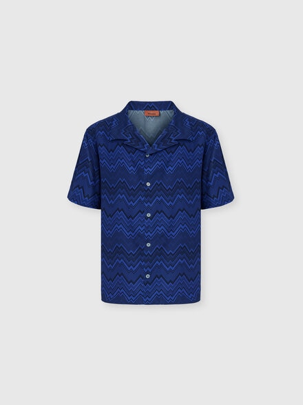 Bowling shirt with tone-on-tone irregular zig zag print, Blue - BS26SJ03BW011DS72Q9